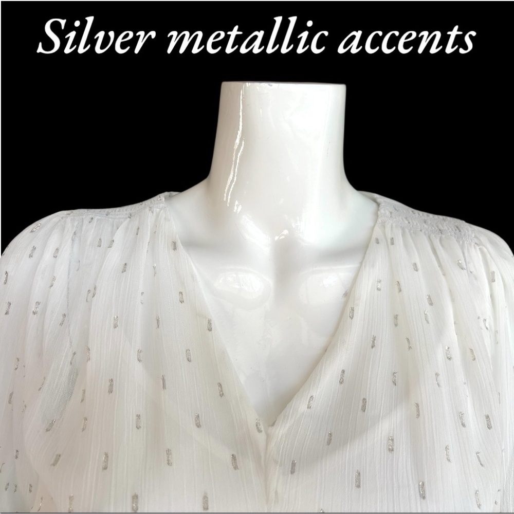 Calvin Klein White Smocked Dress with Silver Metallic Accents. Women’s Size 8 - Picture 6 of 11